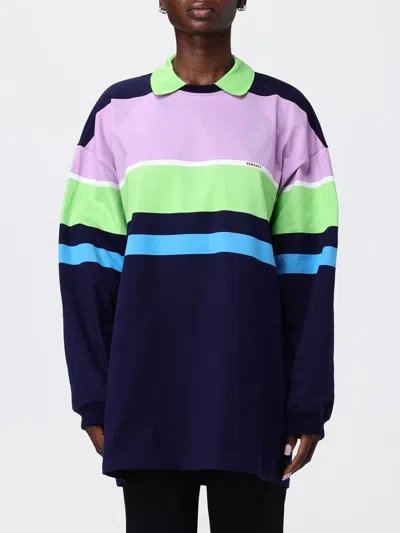 Versace Multicolor Stripes Cotton Sweatshirt In Blue