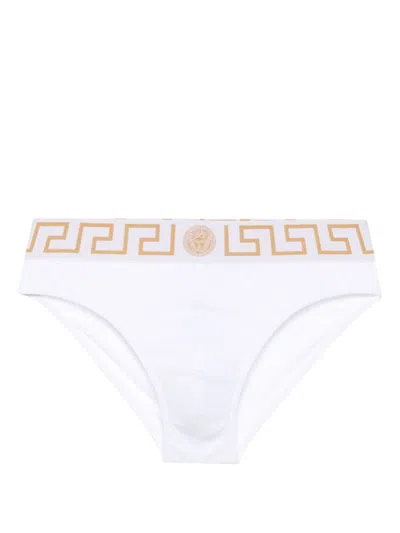 Versace Swim Briefs With Iconic Greek Key Design And Luxurious Comfort In White