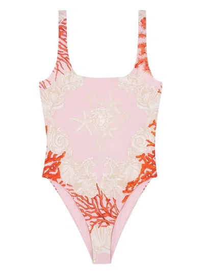 Versace Sea Motif Print Backless Swimsuit In Multi
