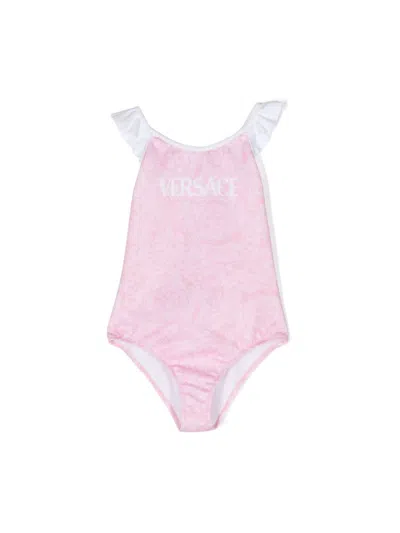 Versace Kids' Pink One-piece Swimsuit For Girl With Baroque Print