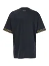 Versace Black Crewneck T-shirt With Greca Pattern On The Sleeves In Tech Fabric Man
