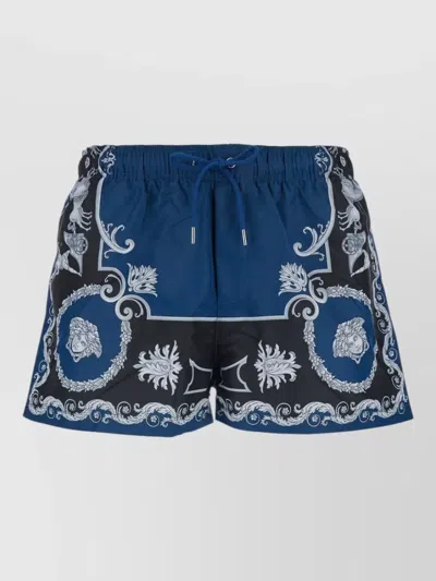 Versace Swim Shorts Geometric Print Technical Fabric Men In Blue