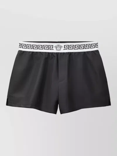 Versace Swim Shorts Side Pockets Waistband Trunks In Black