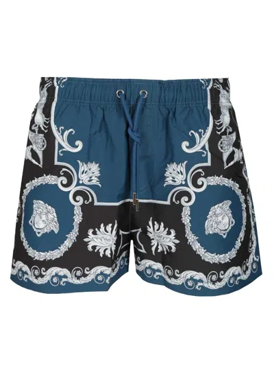 Versace Swim Shorts Tex Nylon Golfo Mythic Barocco Print Swimwear Blue