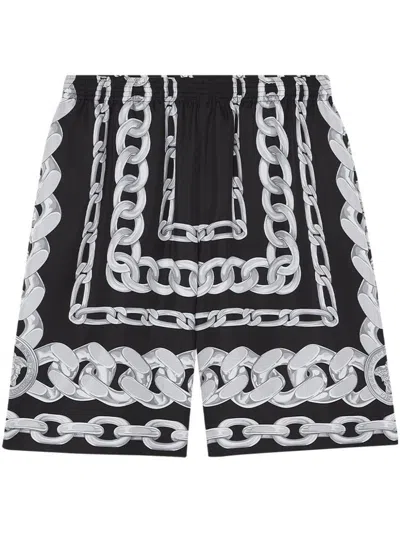 Versace 'chains' Black Silk Bermuda Shorts Men In Nero E Argento