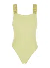 Versace Yellow One-piece With Shoulder Straps With Greca Motif And Square Neck In Tech Fabric Stretch Woman In Yellow