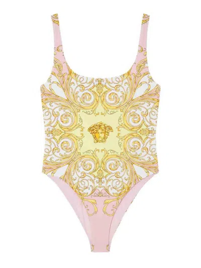 Versace Multicolor One-piece Swimsuit With All-over Medusa Print In Tech Fabric For Women In Yellow