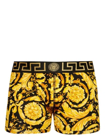 Versace Barocco Print Cotton Blend Boxer Briefs In Gold