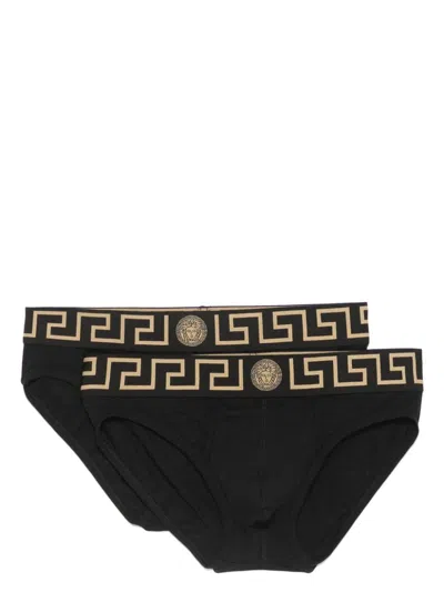 VERSACE VERSACE BLACK COTTON BRIEFS SET OF TWO WITH GRECA PATTERN