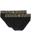Versace Black Cotton Briefs Set Of Two With Greca Pattern In Black Gold Greek