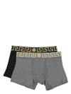 Versace Logo Waistband Stretch Hosiery Greek Key In Gray