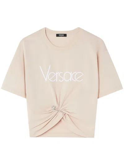 Versace Logo Cotton T-shirt In Neutral