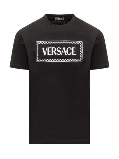 Versace Black Crewneck T-shirt With Contrasting Logo Lettering Print In Cotton