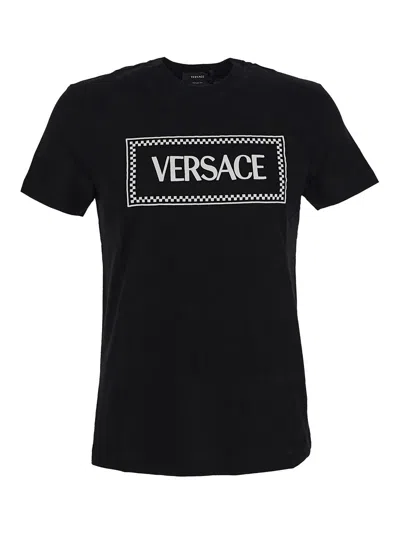 Versace Black Crewneck T-shirt With Contrasting Logo Lettering Print In Cotton