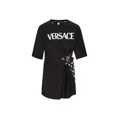 Versace T-shirt With Butterflies And Safety Pin Logo In Black+orange+red