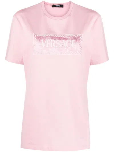 Versace Fringed Logo T-shirt For Casual Style In Pink