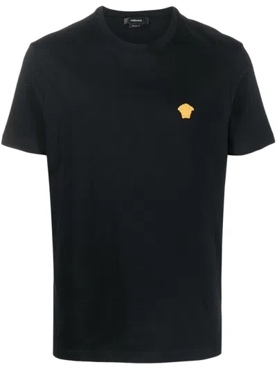 Versace T-shirt Compact Cotton Jersey Fabric And Medusa Pop Embroidery Clothing In Black