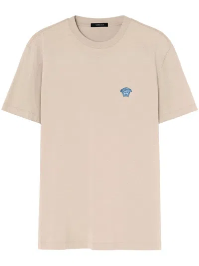 Versace T-shirt Compact Cotton Jersey Fabric And Medusa Pop Embroidery In Brown