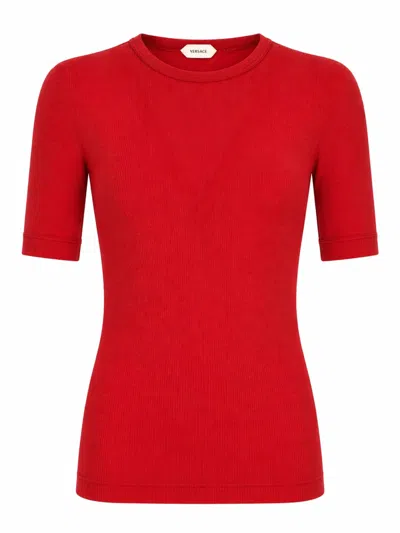 Versace T-shirt In Lana A Coste Con Ricamo In Red