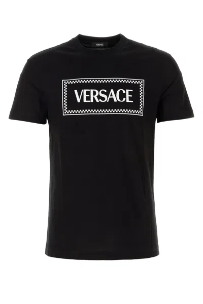 Versace Black Crewneck T-shirt With Contrasting Logo Lettering Print In Cotton