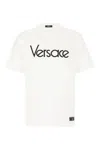 Versace White Crewneck T-shirt With Logo Lettering Print In Cotton Man In Optical White