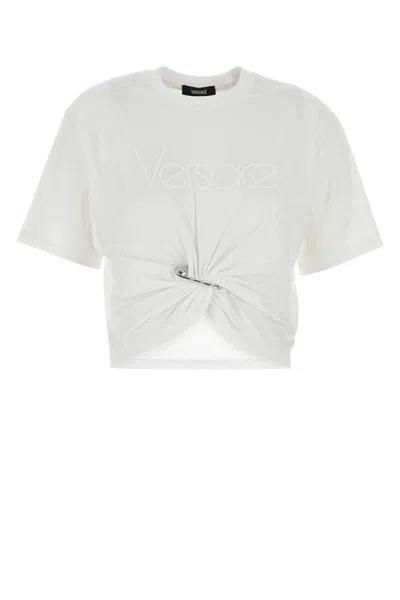 Versace Cotton Logo T-shirt With Ruched Knot Detail In Opticalwhite