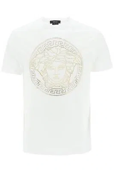 Pre-owned Versace T-shirt Taylor Fit Medusa Strass A779871a08491 White Sz.s 1w000