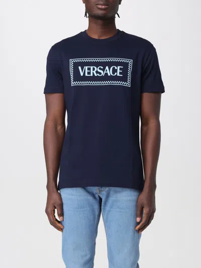 Versace T-shirt Con Logo Ricamato Men In Blue