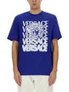 Versace Logo Crew Neck Graphic Print Short Sleeves In Blue