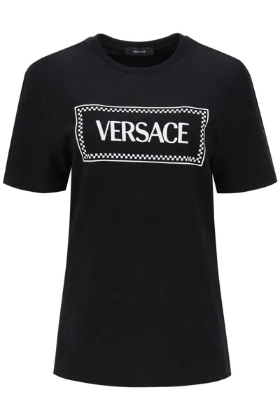 Versace T-shirt With Logo Embroidery In Nero