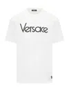 Versace White Crewneck T-shirt With Logo Lettering Print In Cotton Man In White