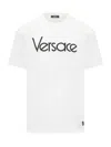 Versace White Crewneck T-shirt With Logo Lettering Print In Cotton Man In White