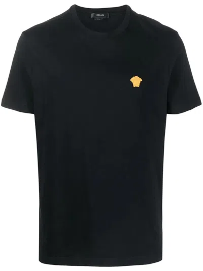 Versace Cotton T-shirt With Embroidered Logo On The Front In Black
