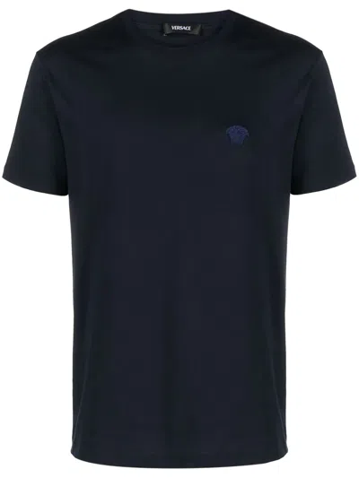 Versace T-shirt With Medusa Embroidery In Blue