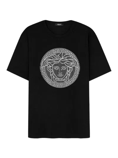 Versace Medusa Embroidered Cotton T-shirt In Black