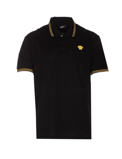 Versace Medusa Head-embroidered Cotton Polo Shirt In Black