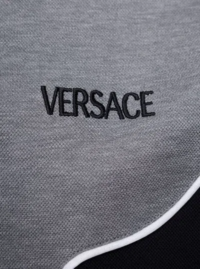 Versace Bicolor Polo With Embroidered Logo In Black And Grey Cotton Man