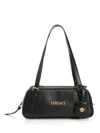 Versace Tag Bowling Black Shoulder Bag With Metallic Logo Lettering And Medusa Head Pendant In Leather Woman In Black