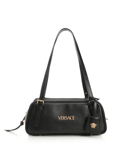 VERSACE VERSACE TAG BOWLING BAG IN NAPPA LEATHER SHOULDER BAGS BLACK