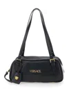 Versace Tag Bowling Black Shoulder Bag With Metallic Logo Lettering And Medusa Head Pendant In Leather Woman In Black