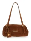 Versace Tag Bowling Brown Shoulder Bag With Metallic Logo Lettering And Medusa Head Pendant In Suede Woman
