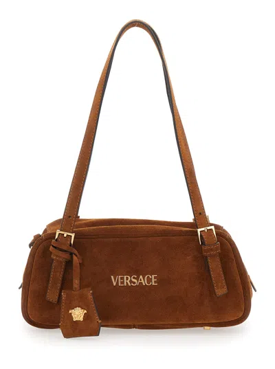 Versace Tag Bowling Brown Shoulder Bag With Metallic Logo Lettering And Medusa Head Pendant In Suede Woman