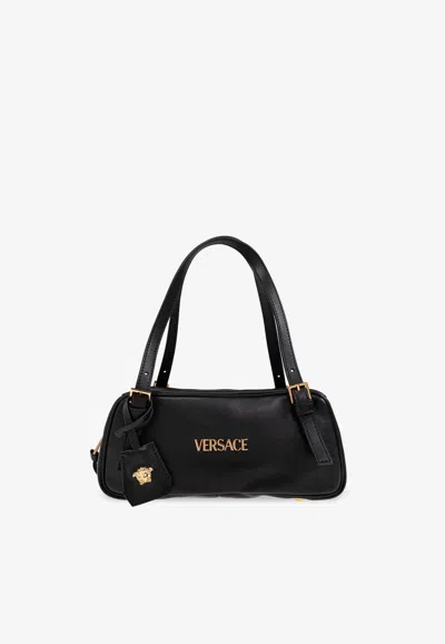 Versace Tag Bowling Leather Shoulder Bag In Black