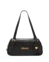Versace Tag Bowling Black Shoulder Bag With Metallic Logo Lettering And Medusa Head Pendant In Leather Woman In Black
