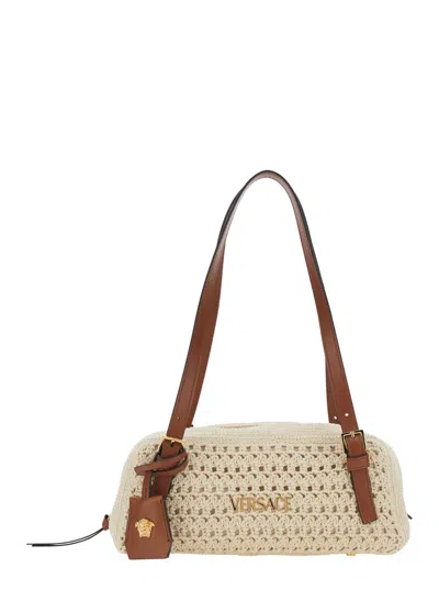 Versace Tag Bowling White Shoulder Bag With Metallic Logo Lettering And Medusa Head Pendant In Raffia Woman In Brown