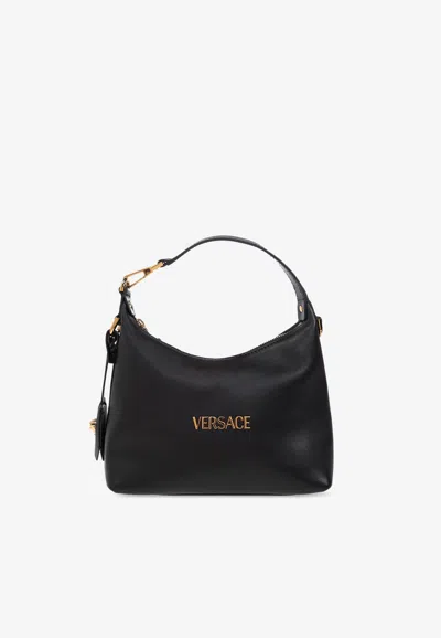 Versace Tag Leather Hobo Bag In Black