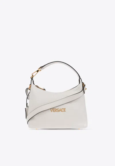 Versace Tag Leather Hobo Bag In White