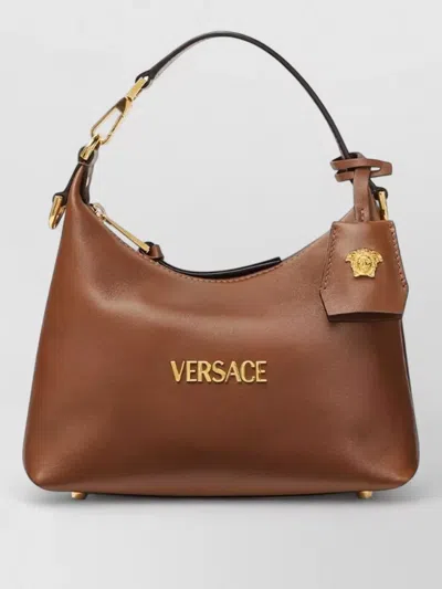 Versace Tag Leather Hobo Bag In Brown