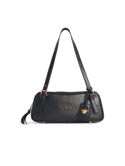 Versace Tag Bowling Black Shoulder Bag With Metallic Logo Lettering And Medusa Head Pendant In Leather Woman