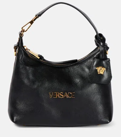 Versace Tag Small Leather Tote Bag In Black